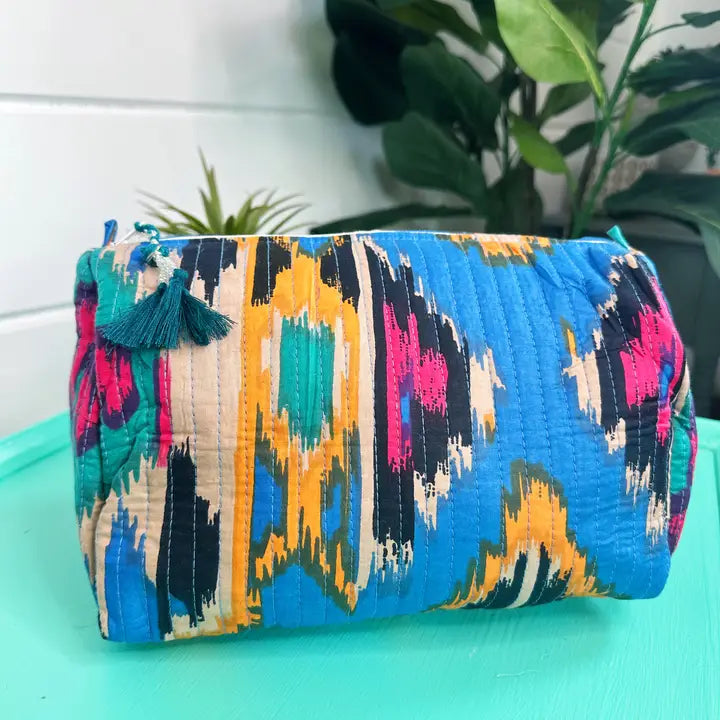 Quilted Makeup Bag - Blue Ikat