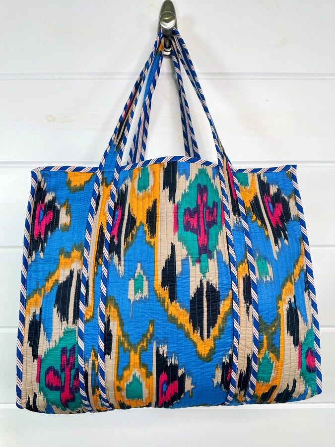 Quilted Tote Bag - Blue Ikat