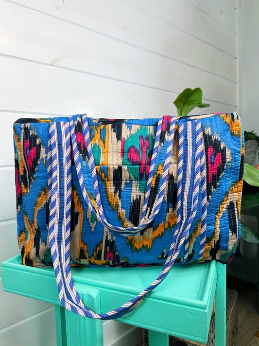 Quilted Weekender - Blue Ikat