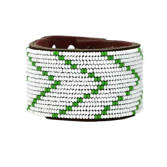 Swahili Bracelet - Large Green + White Chevron