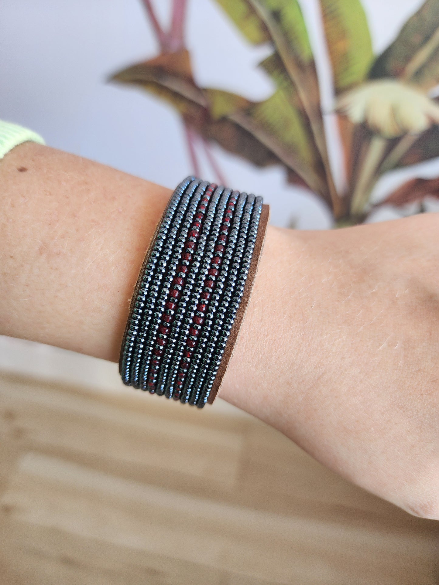 Swahili Bracelet - Medium Dashes Garnet + Slate